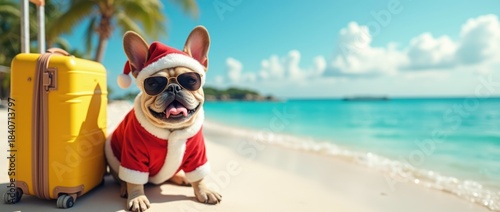 Playful dog wearing Santa costume and sunglasses sits beside yellow suitcase on sandy beach, enjoying a sunny day by the turquoise ocean with palm trees