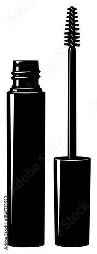 A black and white illustration of a mascara tube and cap, black, bottle, brush, cosmetic, illustration, lash, mascara, toothpaste, tube, against transparent background
