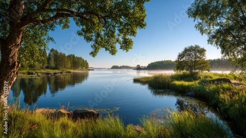 Tranquil Summer Lake Scene in Sweden: Morning Light Reflecting on Green Trees and Serene Duck Pond