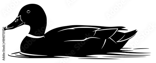 Quadro su tela A black and white silhouette of a duck swimming in water, black, duck, float, il