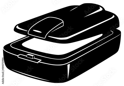 A black and white silhouette of a printer, black, briefcase, case, icon, illustration, luggage, open, stapler, against transparent background
