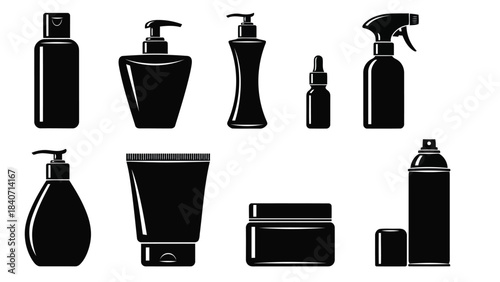 Black silhouettes of various cosmetic products on white background