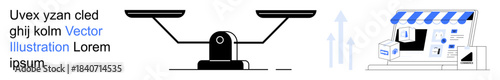 Business growth, e-commerce trends, financial comparison, justice, digital markets, trade balance. A balance scale and a storefront with upward arrows. Business growth and e-commerce trends concept