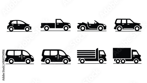 Eight black silhouettes of various cars and trucks on white background