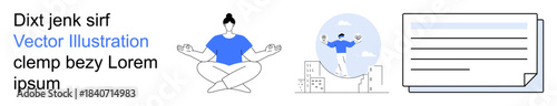 Mental health, wellness, productivity, meditation, remote work, mindfulness balance. Person meditating, figure on a globe and a document. Mental health and wellness theme for remote work concepts