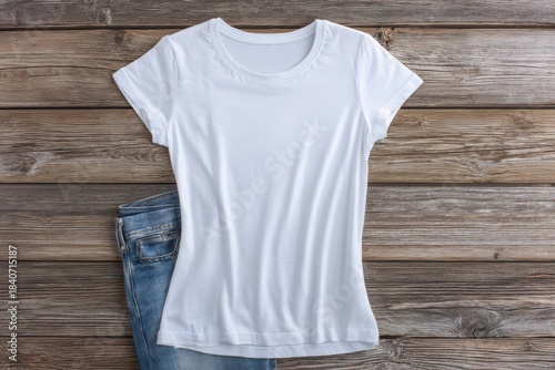 Stylish White Women's T-Shirt Mockup with Blue Jeans on Rustic Wooden Surface - Top View Design Template
