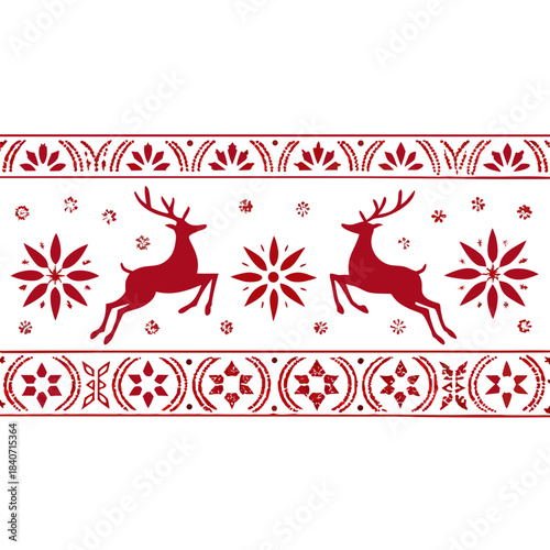Christmas Seamless Nordic Pattern – Red Scandinavian Knit Jumper Background with Reindeer, Snowflakes, Stars & Folk Ornaments – Festive Winter Holiday Vector Sweater Border Design & Traditional Style