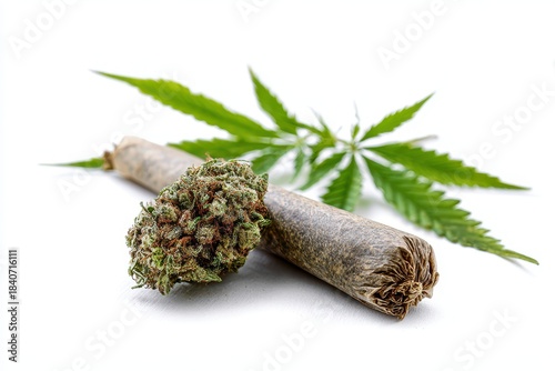 Medicinal Ganja Leaf and Rolled Joint Isolated on White Background
