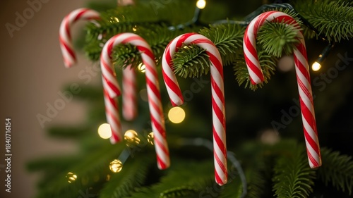 Row of red and white candy canes hanging on a Christmas tree. Traditional festive holiday decoration with bokeh lights