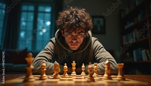 Young man intensely studies chessboard. Male player contemplates next move, thinking deeply. Strategic game setup on table indoors. Focused teen concentration.