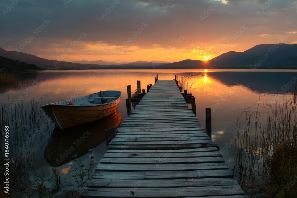Fototapeta premium Tranquil Sunset Over a Serene Lake with a Rustic Wooden Dock and Boat