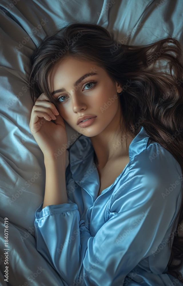 Naklejka premium Elegant young lady relaxing on blue bedding
