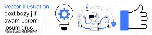 Artificial intelligence, automation, technology, innovation, robotics, process management. Light bulb with gear, robot performing tasks thumbs-up symbol. Artificial intelligence and automation