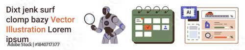 Technology, artificial intelligence, scheduling, digital organization, information sorting, science innovation. Robot with magnifying glass, calendar with checkmark, digital document layout