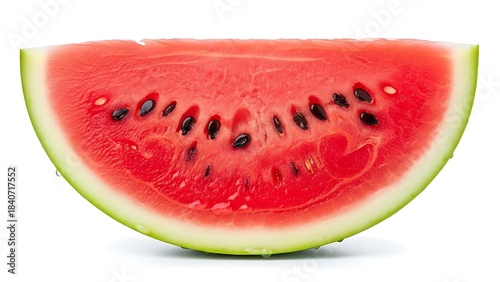 Close-up of a fresh, ripe, and juicy slice of red watermelon, a sweet summer fruit, isolated on a white background