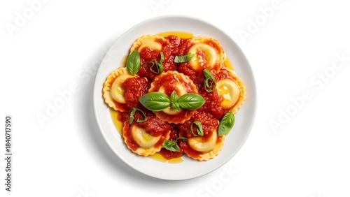 Fresh ravioli pasta, typically round and filled with tomato sauce on top.