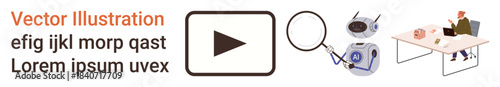 Technology, artificial intelligence, remote work, media tools, productivity, research. Visuals include AI device, play button and professional setting. Technology and artificial intelligence