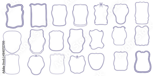 Doodle hand drawn blue frames whimsical coquette, minimalistic simple line art, vintage border ribbon bow flat vector,