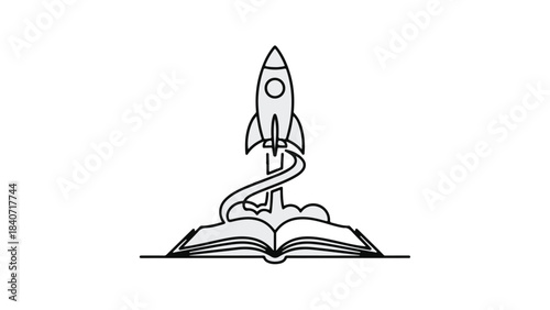 Rocket ship launching from open book education learning concept simple line drawing on white background
