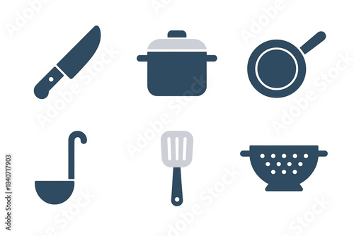 Essential kitchen tools and cooking equipment icons for food preparation