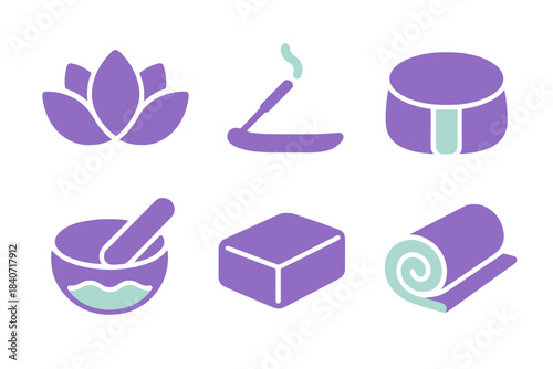 Collection of wellness and spa elements including lotus flower incense and massage tools