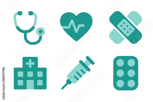 Essential medical and healthcare icons set including stethoscope heart syringe and hospital building