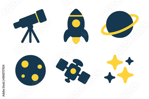 Flat design set of space and astronomy elements including telescope rocket planet and moon