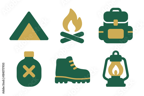 Essential camping and hiking equipment symbols including tent, backpack, campfire, and boot