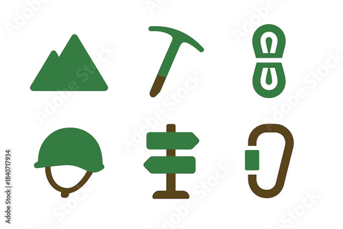 Outdoor adventure and mountaineering equipment including mountain, ice axe, rope, helmet, and carabiner