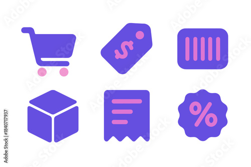 E-commerce and shopping icons set including cart, price tag, barcode, package, receipt, and discount symbol