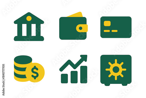 Collection of essential finance and banking icons in green and yellow colors