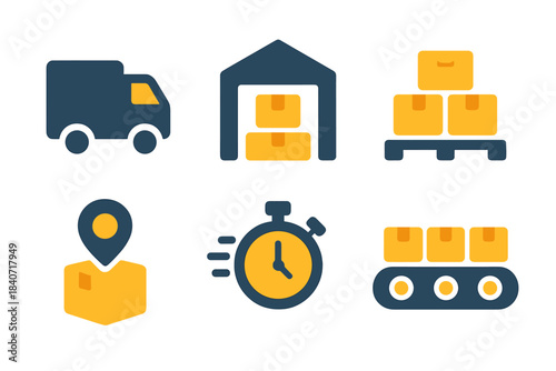 Logistics and delivery symbols: truck, warehouse, pallet, location, stopwatch, conveyor belt