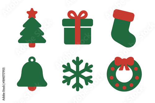 Set of traditional Christmas and winter holiday symbols: tree, gift, stocking, bell, snowflake, and wreath