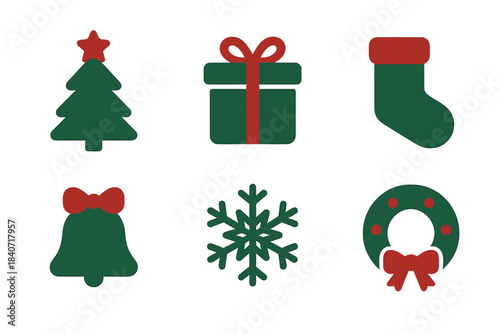 Traditional Christmas holiday symbols and festive icons including tree, present, stocking, and wreath