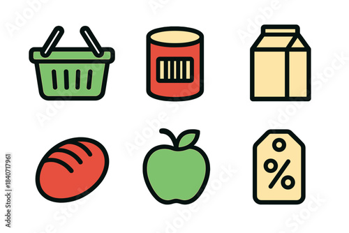 Essential grocery shopping icons set with food beverage basket and discount symbols