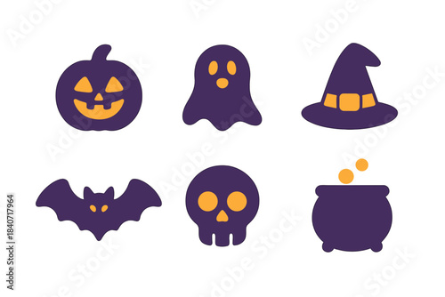 Spooky Halloween symbols set featuring pumpkin, ghost, witch hat, bat, skull, and cauldron