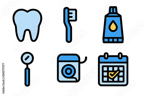 Dental care and hygiene items including tooth, toothbrush, toothpaste, floss, and appointment calendar