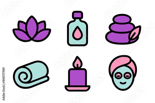 Colorful spa and wellness elements including lotus flower, essential oil bottle, stacked stones, rolled towel, burning candle