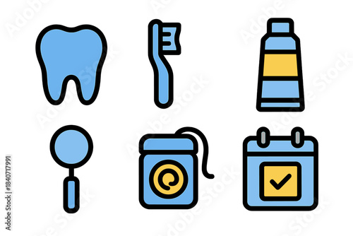 Oral hygiene and dental care symbols including tooth, toothbrush, toothpaste, floss, and calendar
