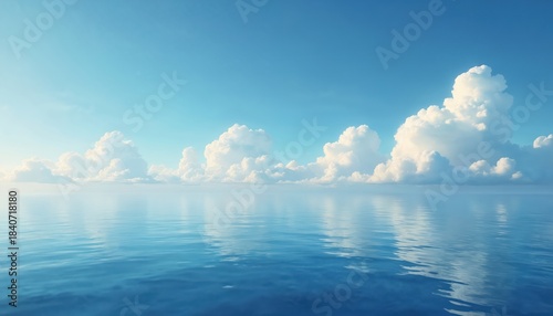 Vast blue ocean meets sky with fluffy white clouds. Gentle waves reflect sunlight creating a peaceful serene seascape. Perfect for travel relaxation and nature themes.