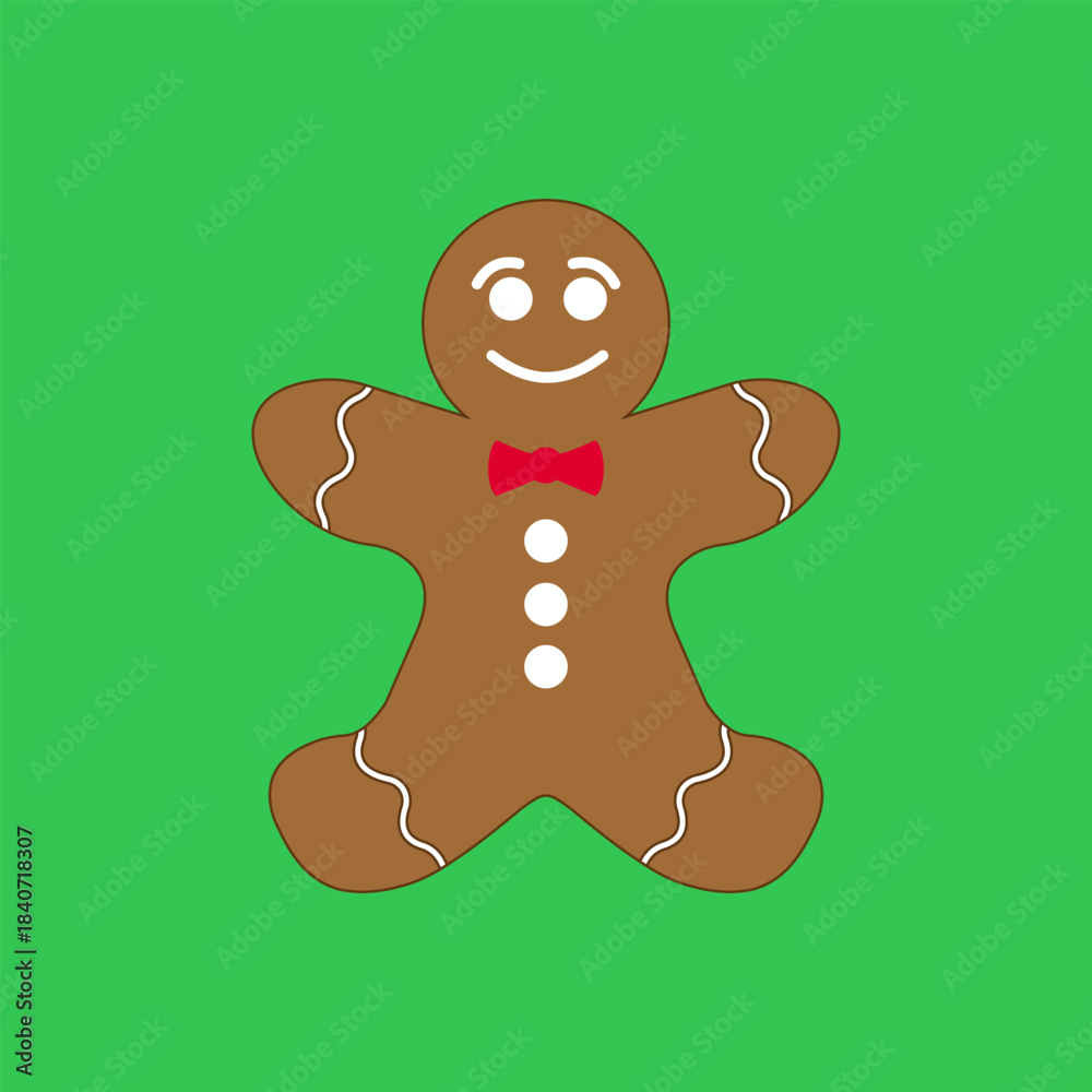 Obraz premium Christmas ginger cookie icon. Gingerbread man with red bow tie stands against bright green background. Vector illustration