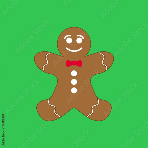 Christmas ginger cookie icon. Gingerbread man with red bow tie stands against bright green background. Vector illustration