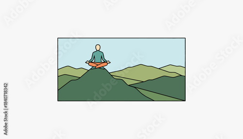 An individual practicing mindful breathing atop a mountain peak the vast landscape of valleys and ridges stretching into the horizon.