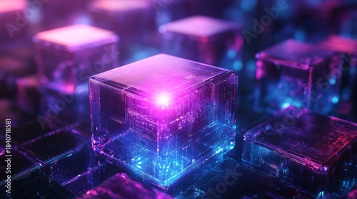 A futuristic glowing glass cube illuminated with vibrant pink and blue neon light, technology, innovation, data storage, digital blockchain, artificial intelligence and modern futuristic design.