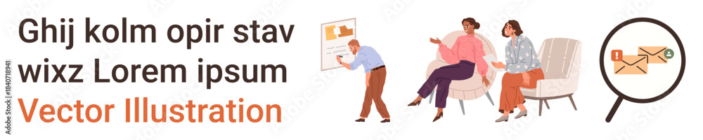 Obraz premium Team collaboration, project management, workplace communication, data presentation, document analysis, corporate strategy. Group interacting with reports and magnified email. Team collaboration