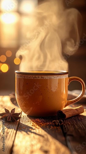 Steaming Cup of Coffee: A warm and inviting scene of a cup of freshly brewed coffee, emanating inviting steam against a rustic backdrop, creating a moment of tranquility and warmth.
