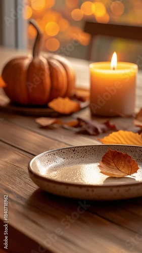 Autumnal Serenity: A cozy tableau featuring a pumpkin, a lit candle, and a single autumn leaf on a rustic wooden table, embodying the essence of fall. 