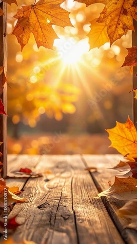 Autumnal Serenity: A sun-drenched scene through a wooden frame, where vibrant fall foliage and the golden sun coalesce in a picturesque display.