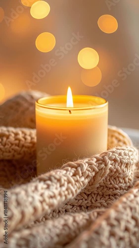 Candle's Serene Glow: The warm flame of a lit candle casts a soothing ambiance, nestled amongst a soft, comforting knitted scarf. The gentle light creates a sense of peace and tranquility.