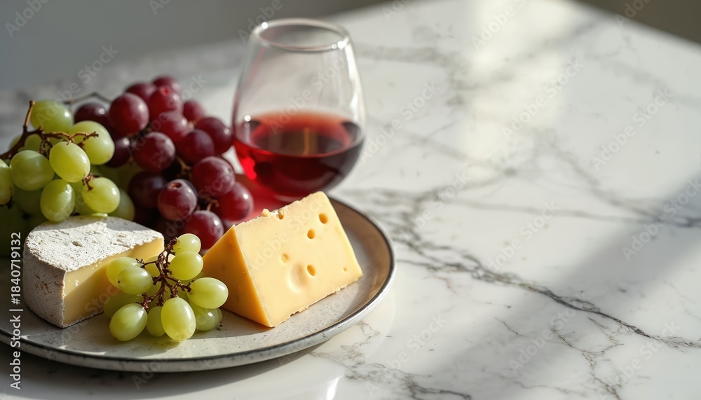 Fototapeta premium Two cheese types with red and green grapes on plate next to wine glass. Luxury food and drink arrangement on marble surface. Refreshments for guests, culinary delight.
